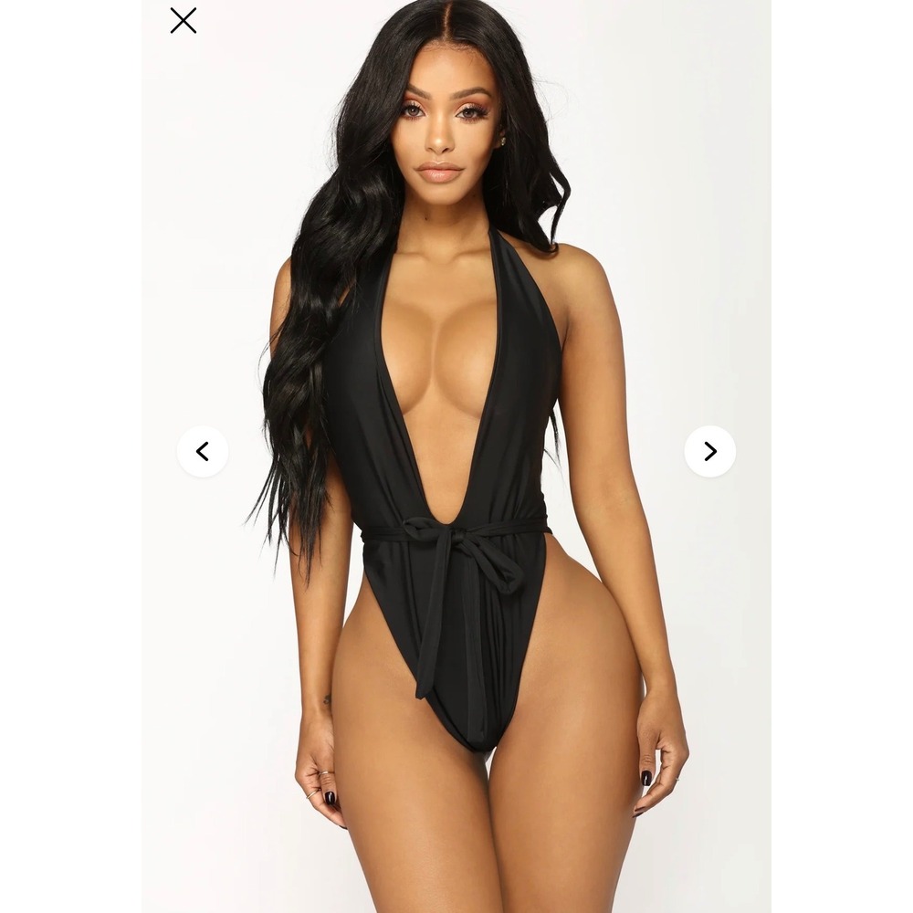 Fashion Nova Marbella Swimsuit Black Deep Plunge One‎ Piece XL ZB1019